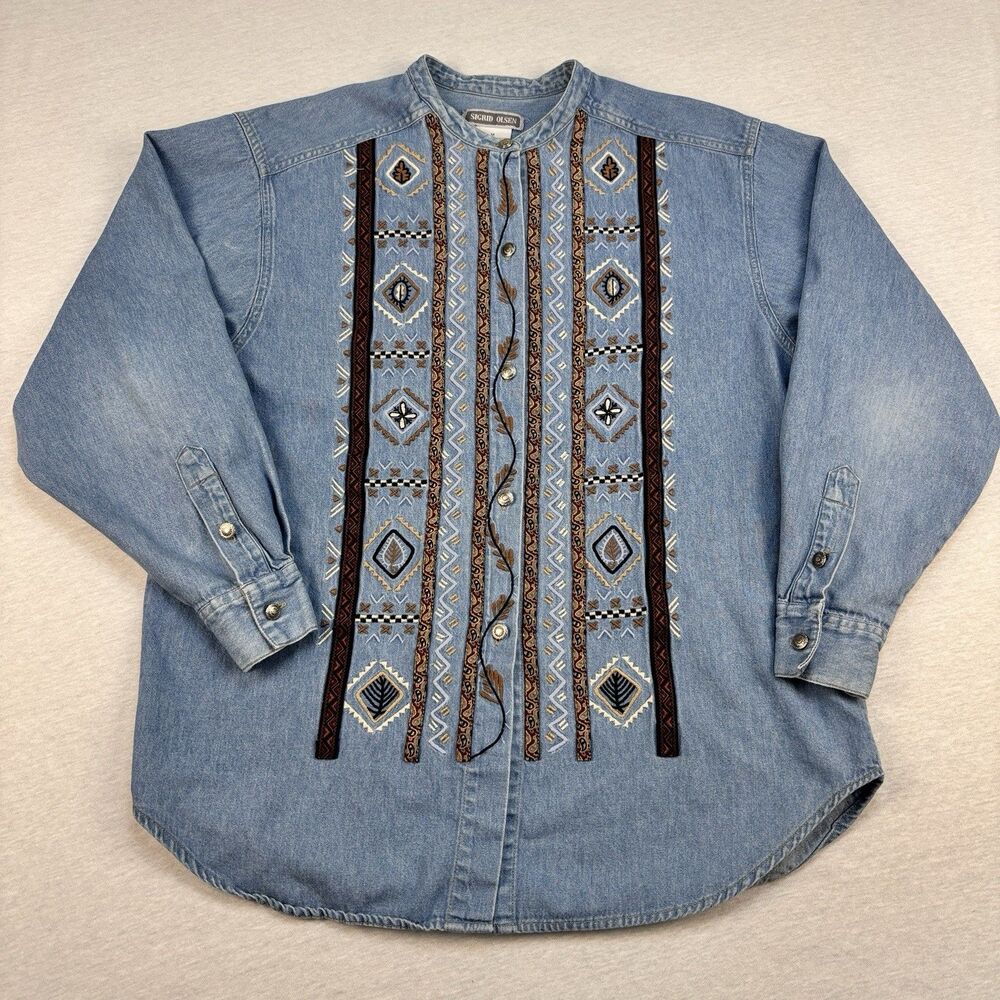 Sigrid Olsen Shirt M Embroidered Denim Southwestern Boho Aztec Concho